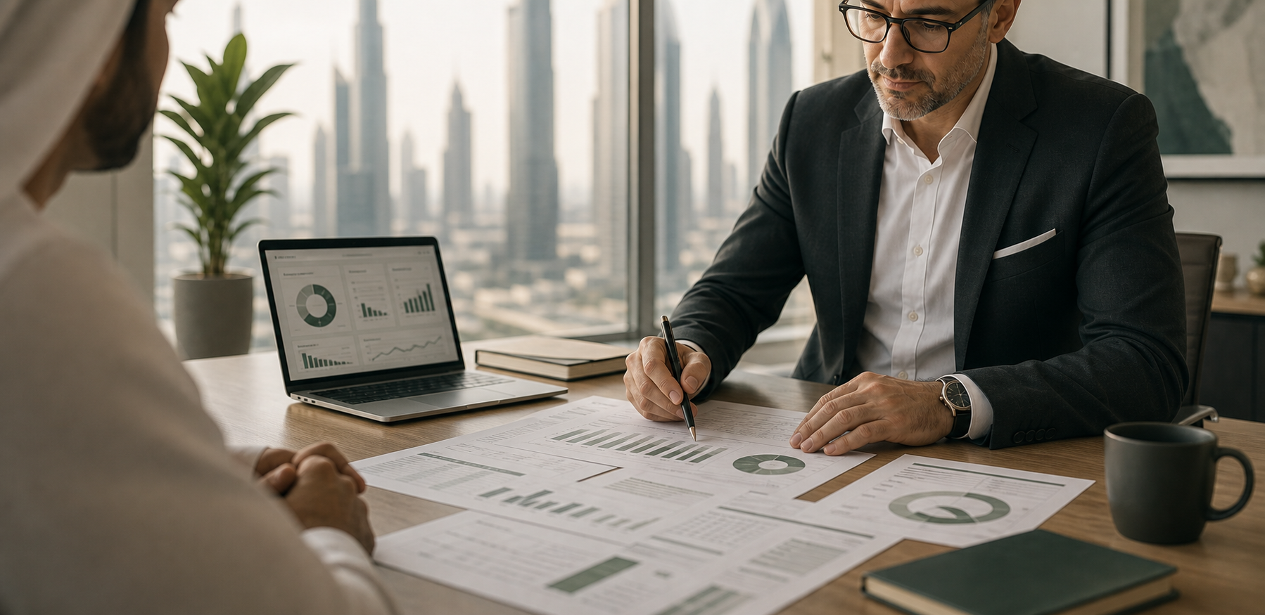 Detailed financial reporting review spread across a meeting table